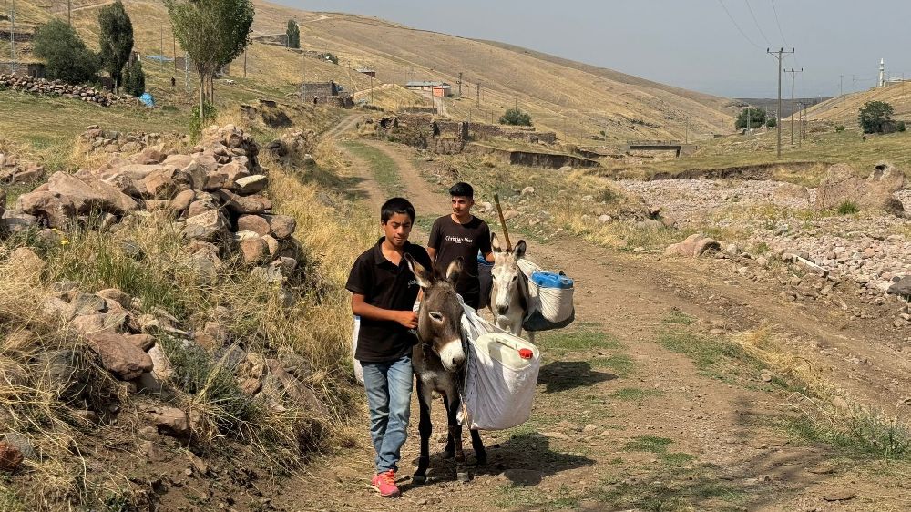 Iğdır'da 2 kilometrelik mesafeden eşek sırtında su taşıyorlar