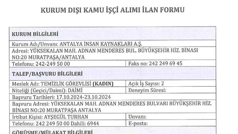 Antalya Büyükşehir Belediyesi 26  daimi işçi  alımı yapacak son başvuru tarihi 