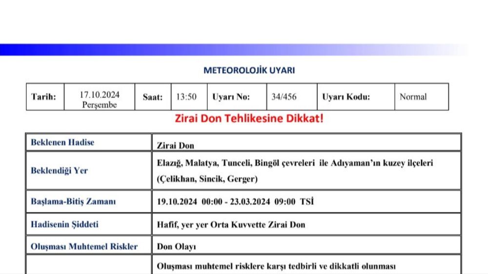 Elazığ'da zirai don uyarısı 