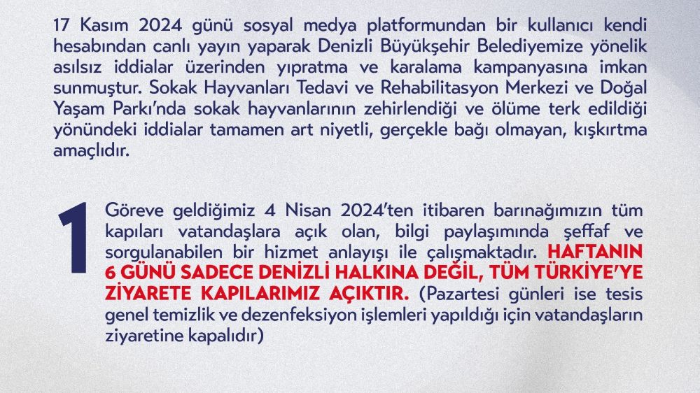 Denizli Büyükşehir Belediyesi'nden hayvan barınağına ilişkin asılsız iddialara sert yanıt