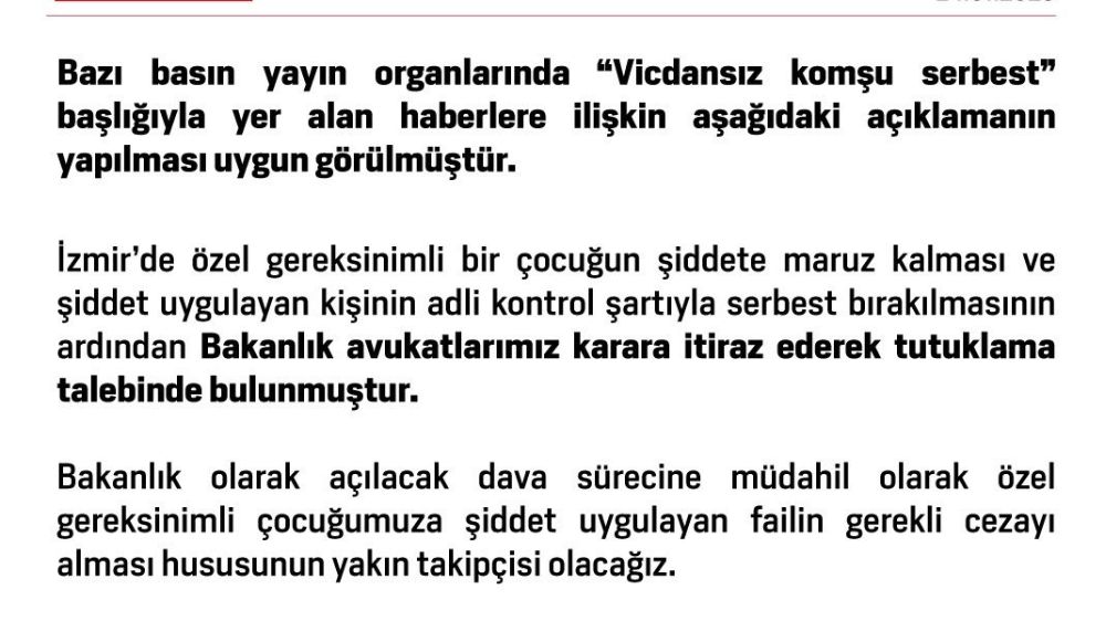 Bakanlık, Özel gereksinimli çocuğa şiddet uygulayan fail için tutuklama istedi