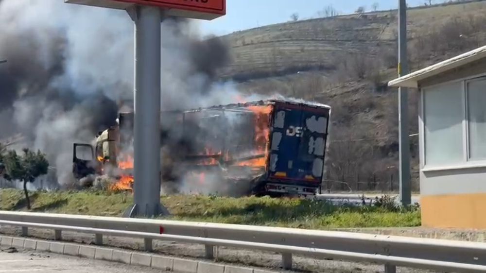 Karton yüklü tır, Karayolları Denetleme İstasyonu'nda alevlere teslim oldu