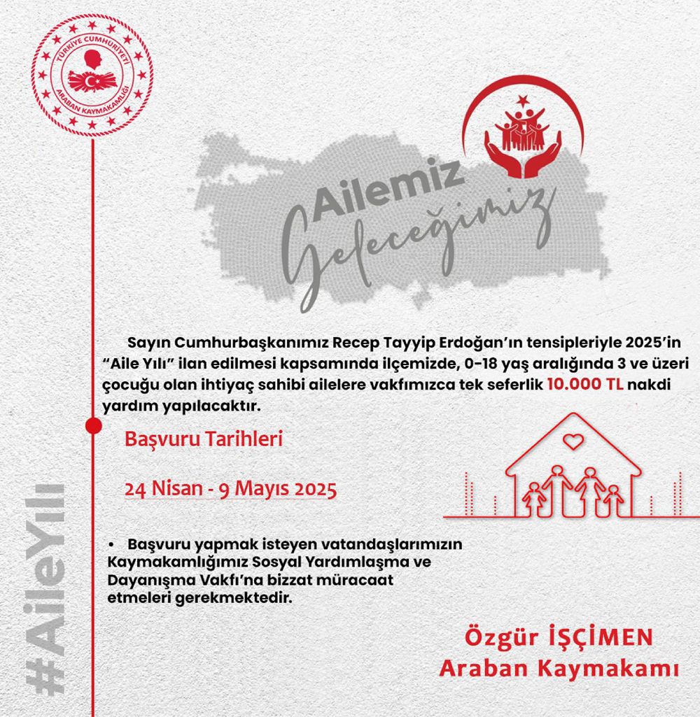 Araban'da ihtiyaç sahibi ailelere 10 bin TL nakdi yardım yapılacak