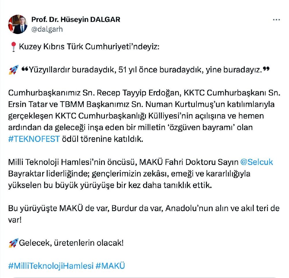 KKTC’de TEKNOFEST rüzgarı Rektör Dalgar Burdur'u temsil etti