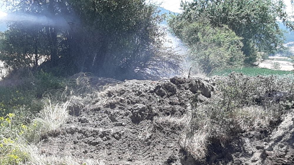 Kuru otlar alev aldı, köylüler toprakla söndürdü