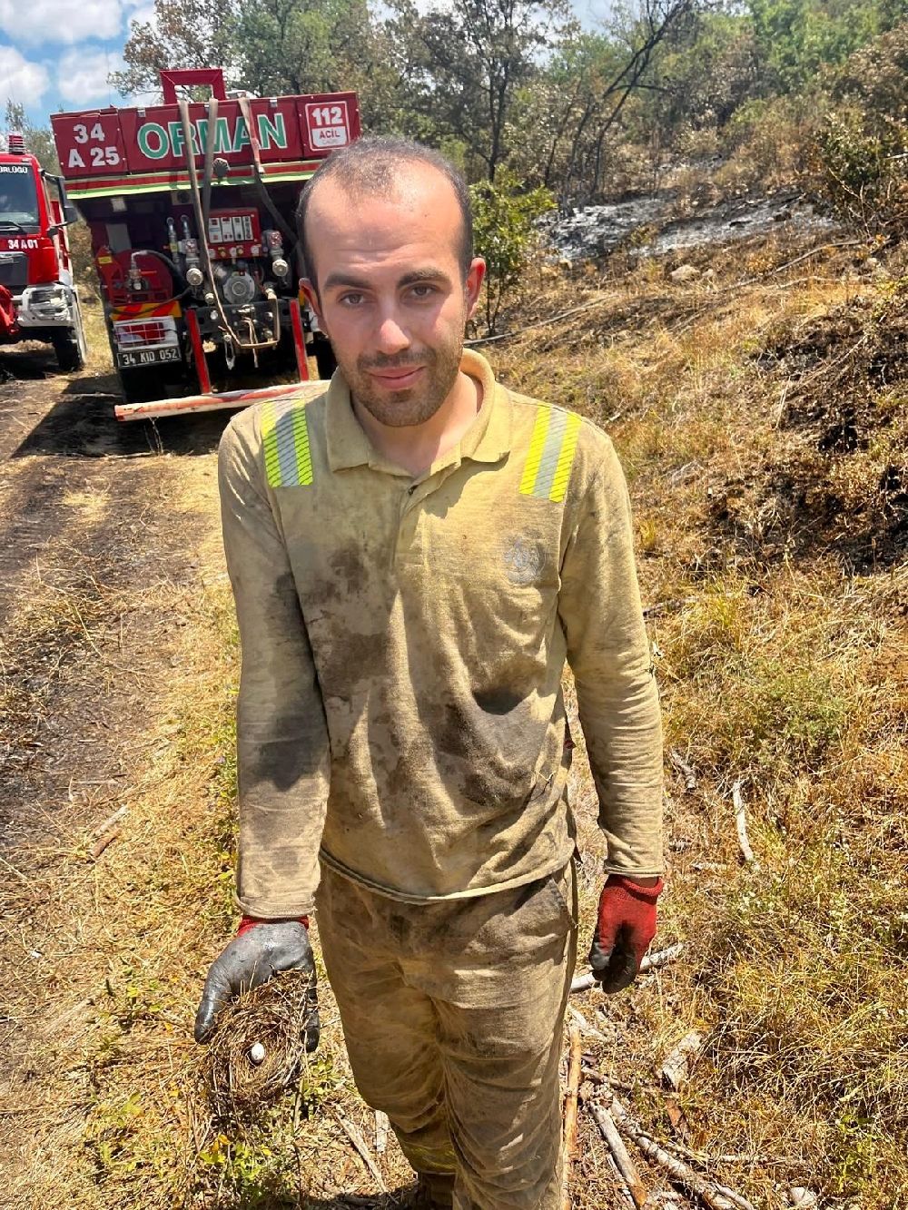 Ormanın sessiz sakinlerine de kalkan oldular: Yangının ortasından kuş yuvası kurtarıldı