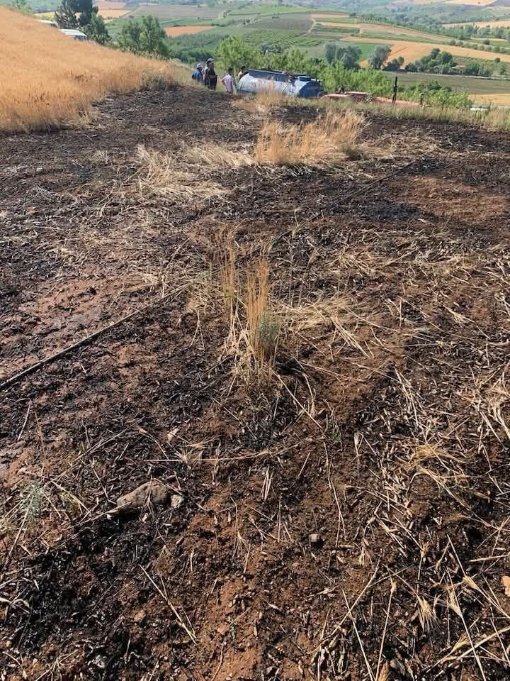 Yüksek gerilim hattı koptu, buğday tarlası alev aldı