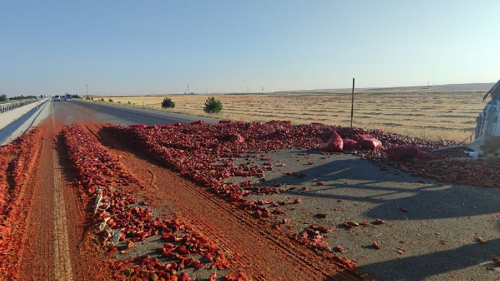 20 ton salçalık biber kazada çevreye dağılarak ziyan oldu