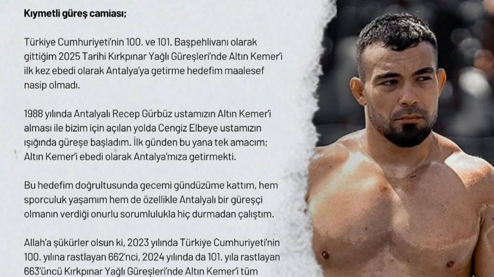 2025 yıl 664.Kırkpınar Güreşlerinde Altın Kemeri kaçıran Başpehlivan Yusuf Can Zeybek'ten Duygusal açıklama