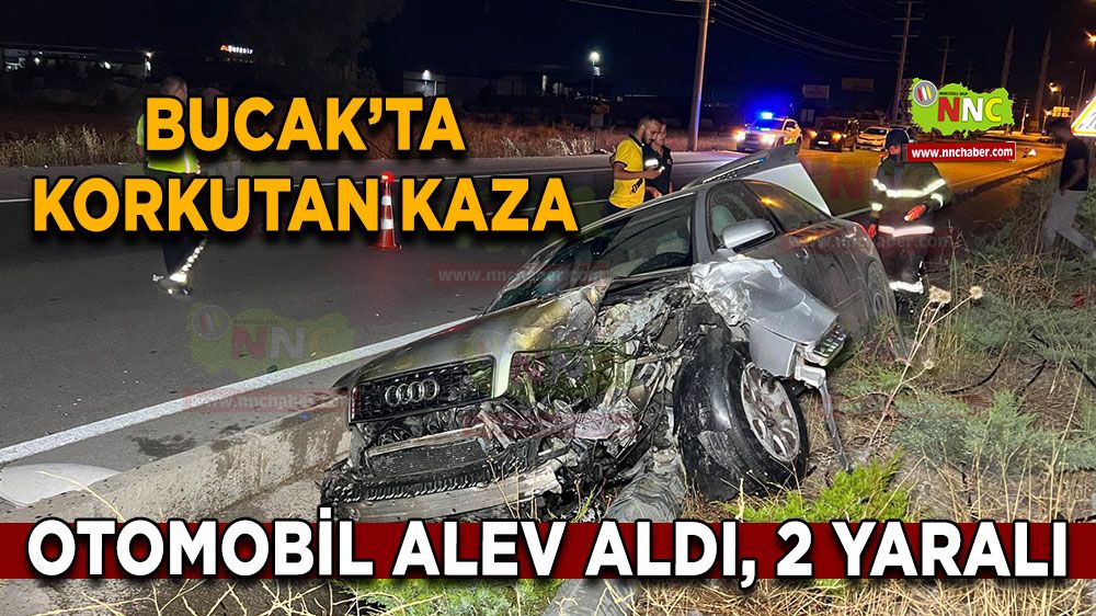 Bucak’ta korkutan kaza Otomobil alev aldı, 2 yaralı