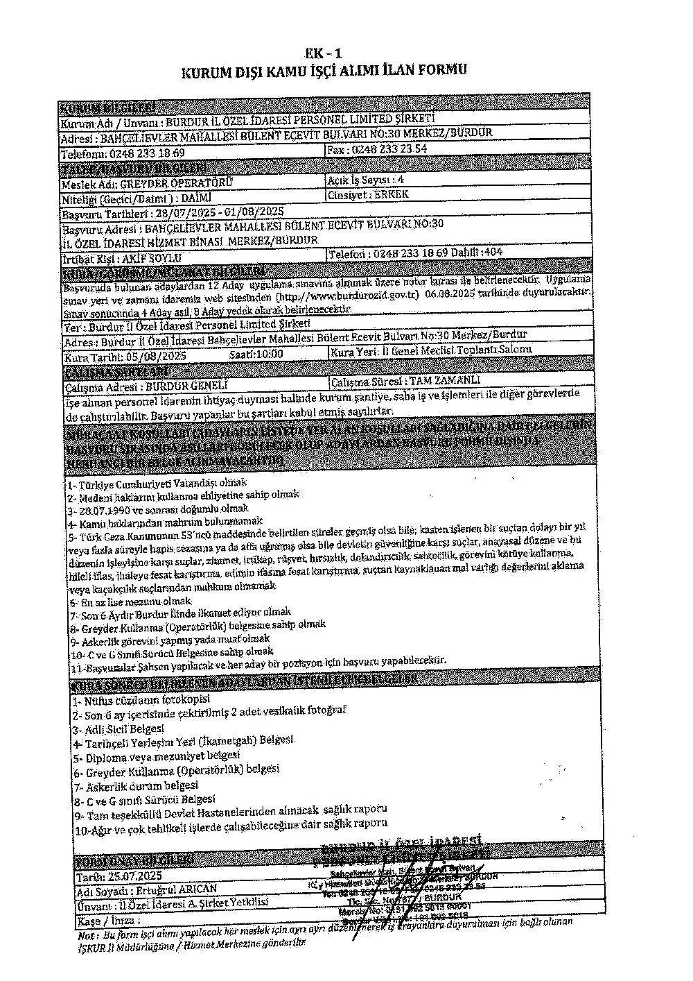 Burdur İl Özel İdaresi 16 personel alacak Başvuru tarihleri açıklandı