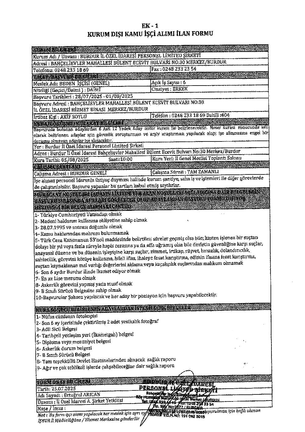 Burdur İl Özel İdaresi 16 personel alacak Başvuru tarihleri açıklandı