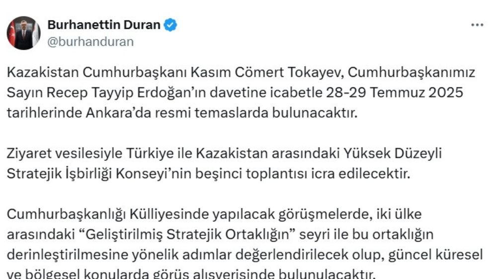 Kazakistan Cumhurbaşkanı Tokayev, Türkiye'ye geliyor