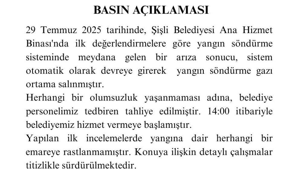 Şişli Kaymakamlığı Tapu Müdürlüğü'nde çıkan yangınla ilgili belediyeden açıklama
