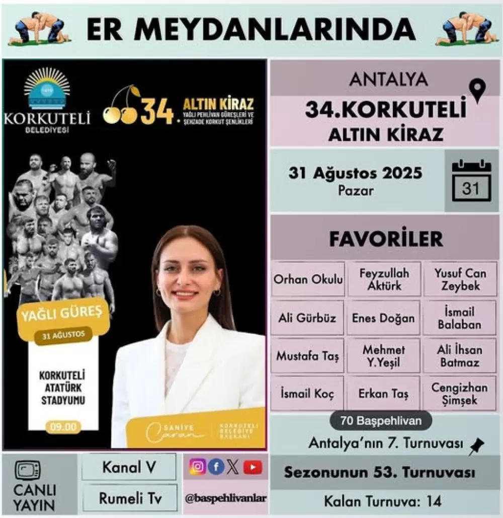 Antalya’da Güreş Heyecanı Devam Ediyor 2025 34. Korkuteli Altın Kiraz Yağlı Pehlivan Güreşleri 31 Ağustos’ta!