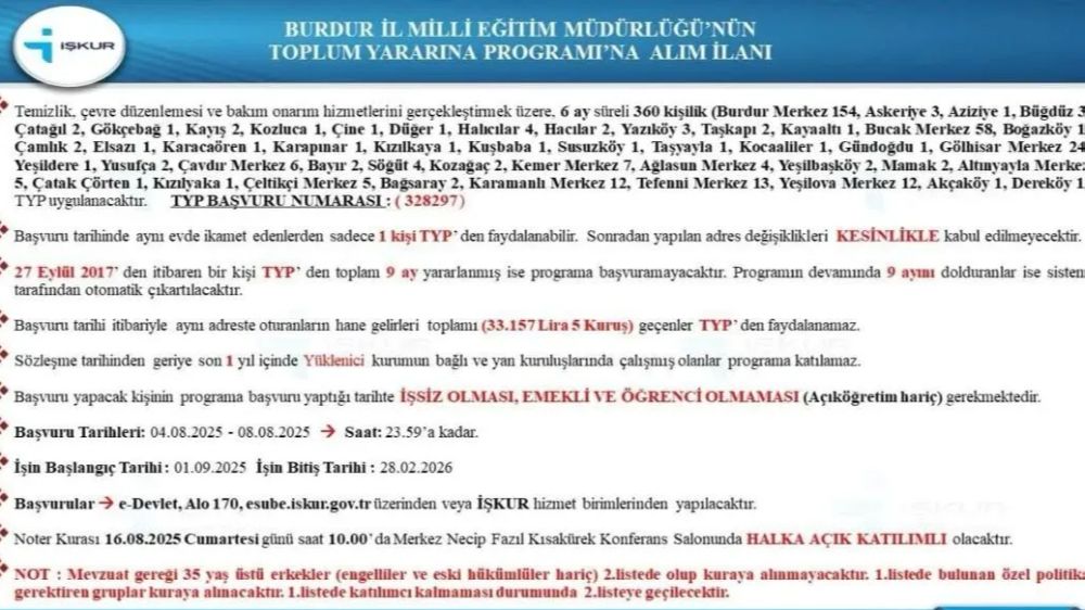 Burdur ve ilçelerinde  TYP Kapsamında 360 Kişiye Geçici İstihdam Fırsatı
