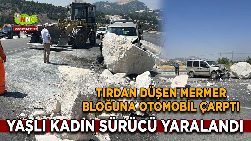 Tırdan düşen mermer bloğuna otomobil çarptı Yaşlı kadın sürücü yaralandı