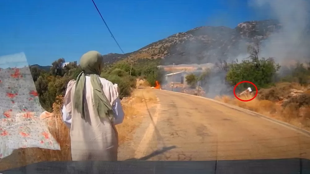 Yol kenarındaki yangını gören tatilci aile alevlere yangın tüpüyle müdahale etti