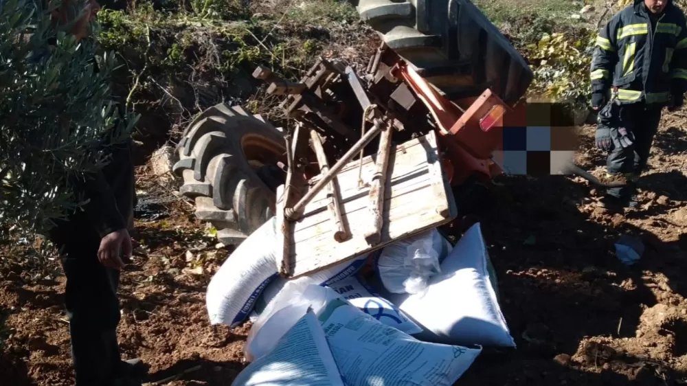 Gübre taşıyan traktör devrildi, sürücü altında kaldı