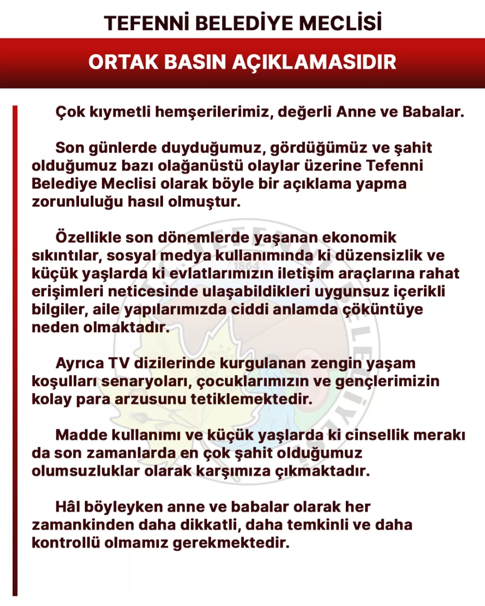 Başkan Alagöz ve belediye meclisinden ailelere 'Kırmızı Alarm' çağrısı