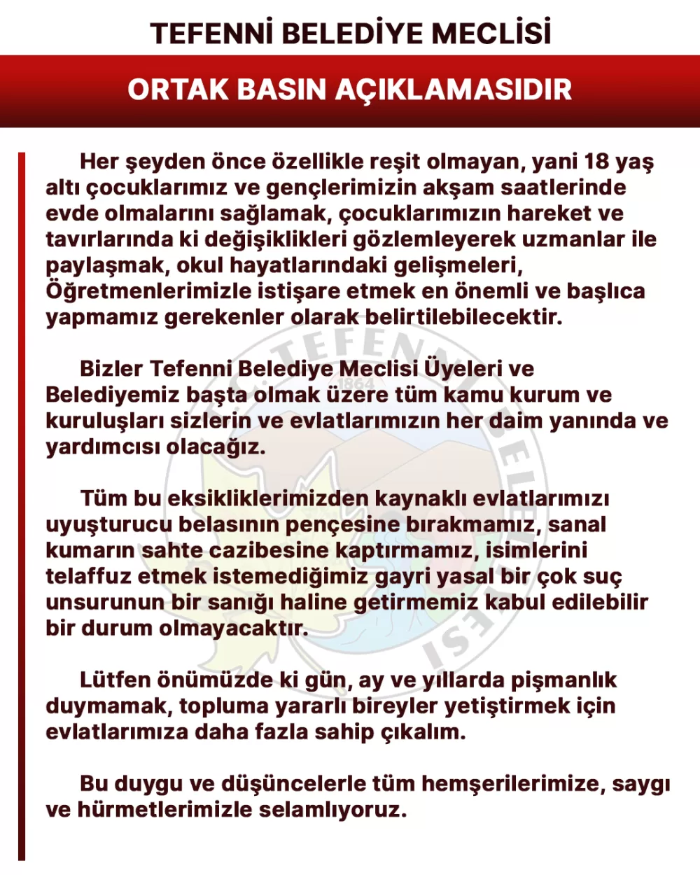 Başkan Alagöz ve belediye meclisinden ailelere 'Kırmızı Alarm' çağrısı
