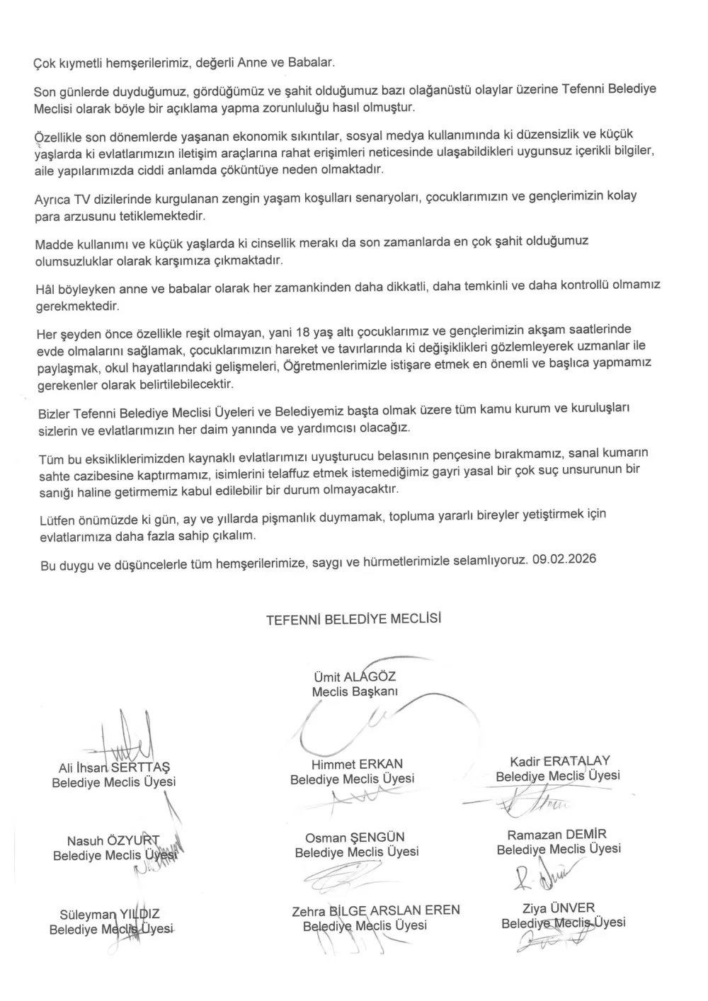 Başkan Alagöz ve belediye meclisinden ailelere 'Kırmızı Alarm' çağrısı