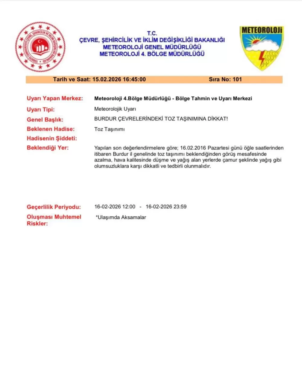 Burdur'da Toz Taşınımı Bekleniyor Dikkatli Olunması İstendi