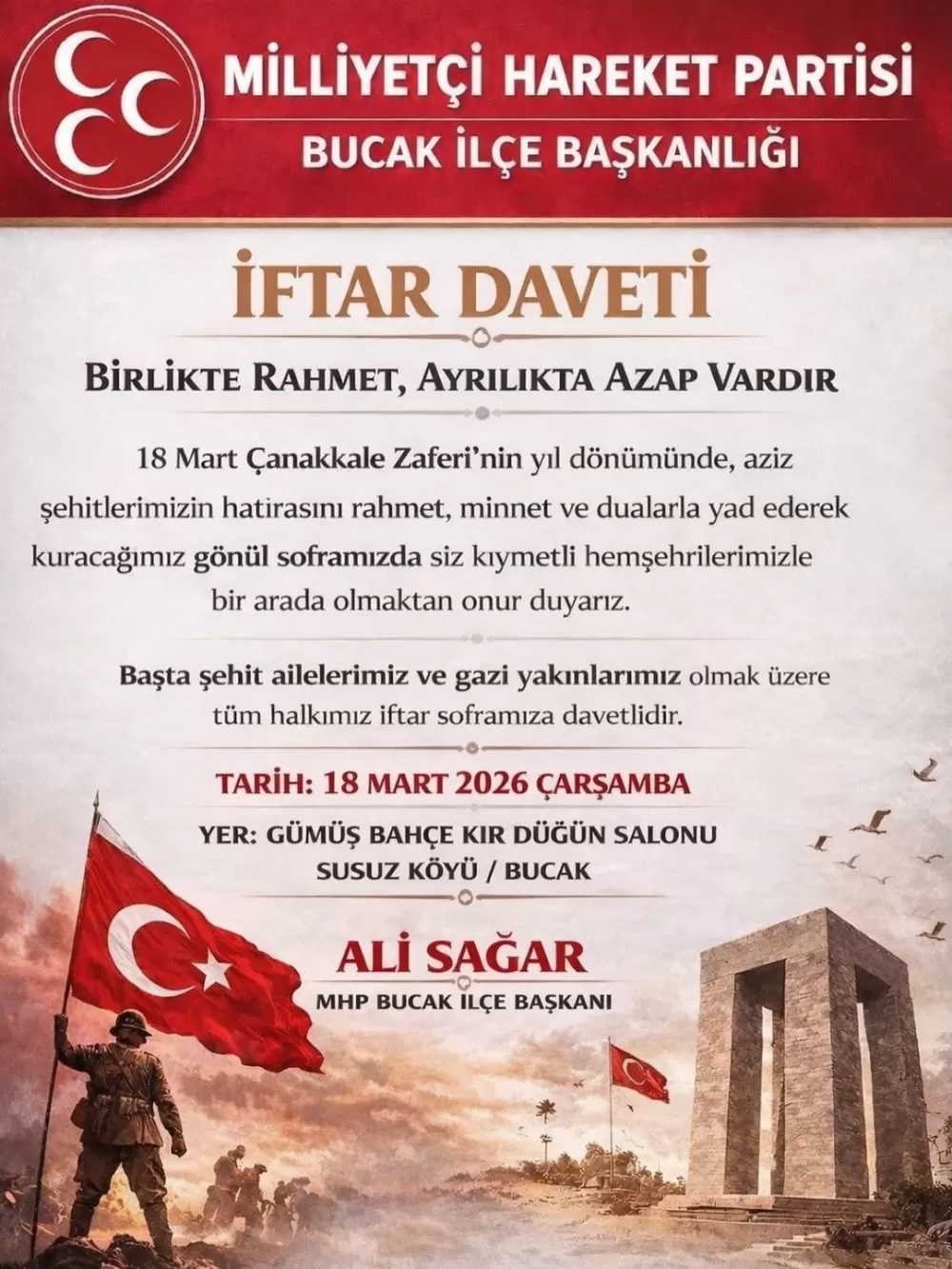 Milliyetçi Hareket Partisi Bucak İlçe Başkanlığı Çanakkale Zaferi’nin Yıldönümünde İftar Sofrası Kuruyor