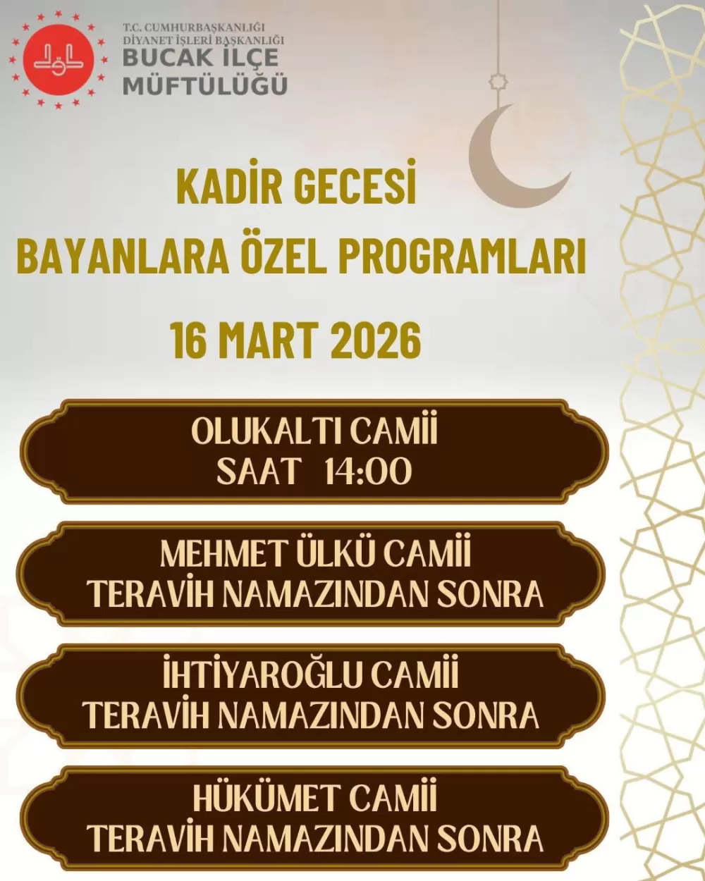 Bucak'ta kadınlara özel Kadir Gecesi ibadet programları açıklandı