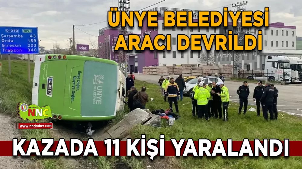 Samsun’da Ünye Belediyesi’ne ait öğrenci midibüsü devrildi 11 yaralı