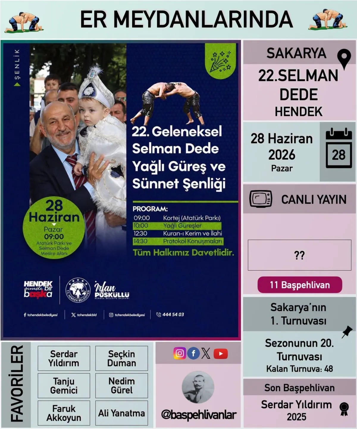 28 Haziran 2026 Hendek Selman Dede Yağlı Güreşleri Canlı Yayın Var mı? Hendek Güreşlerinde Başpehlivan Kim Olur?