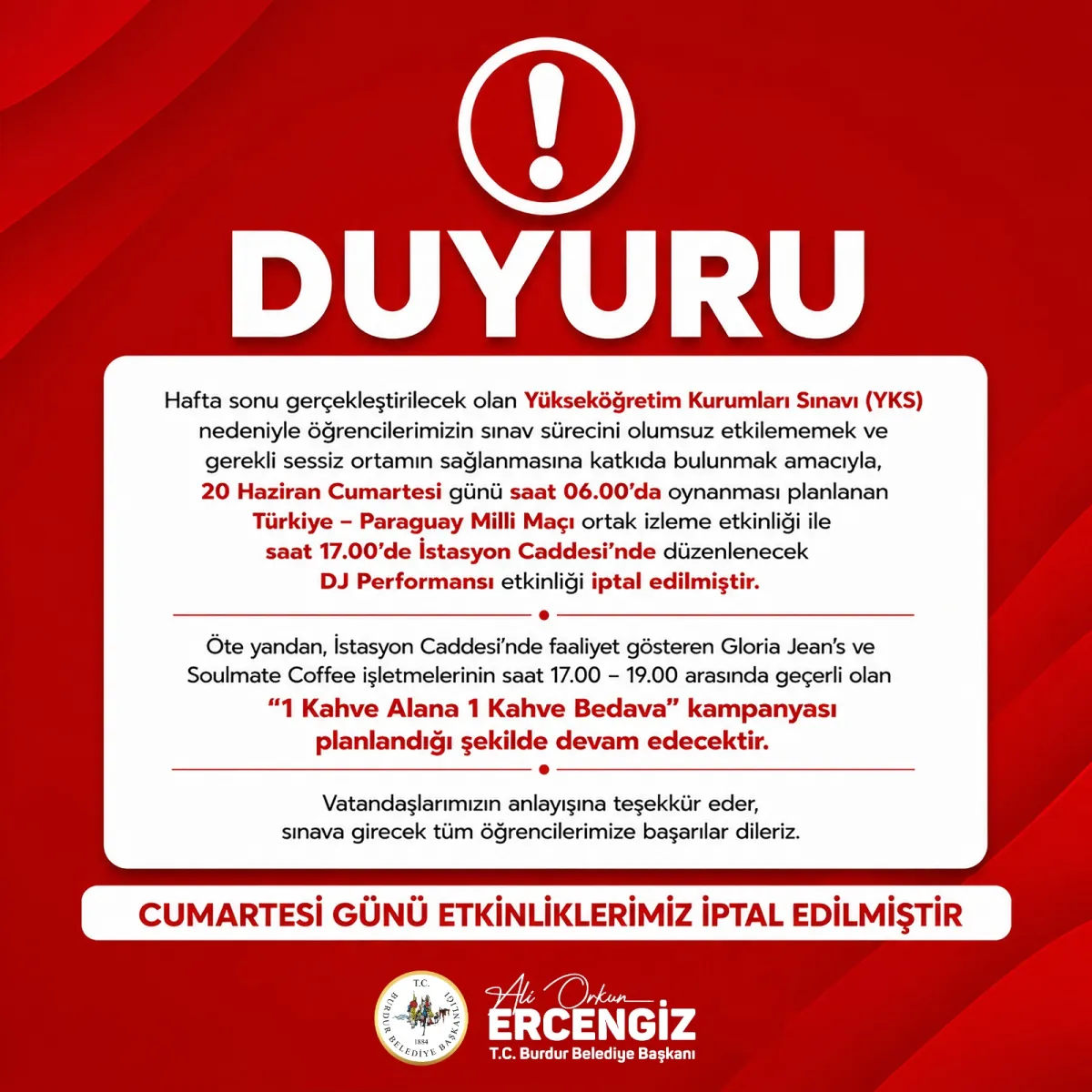 Burdur’da YKS nedeniyle etkinlikler iptal edildi