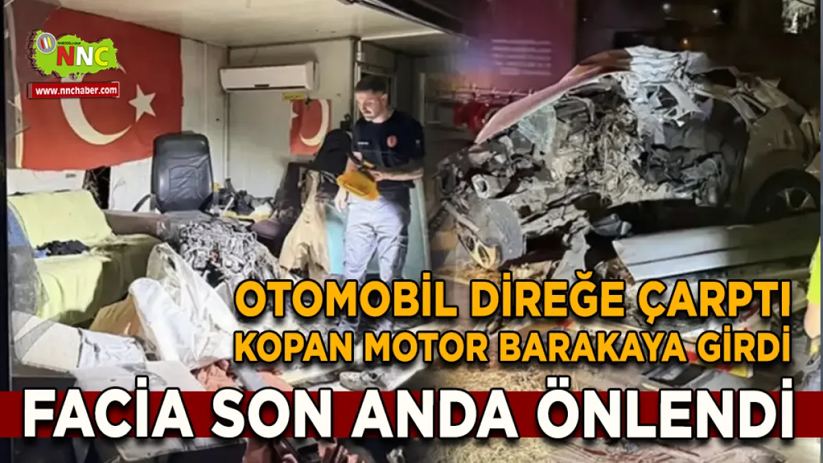 Antalya Serik’te Otomobil Direğe Çarptı, Motor Barakaya Girdi