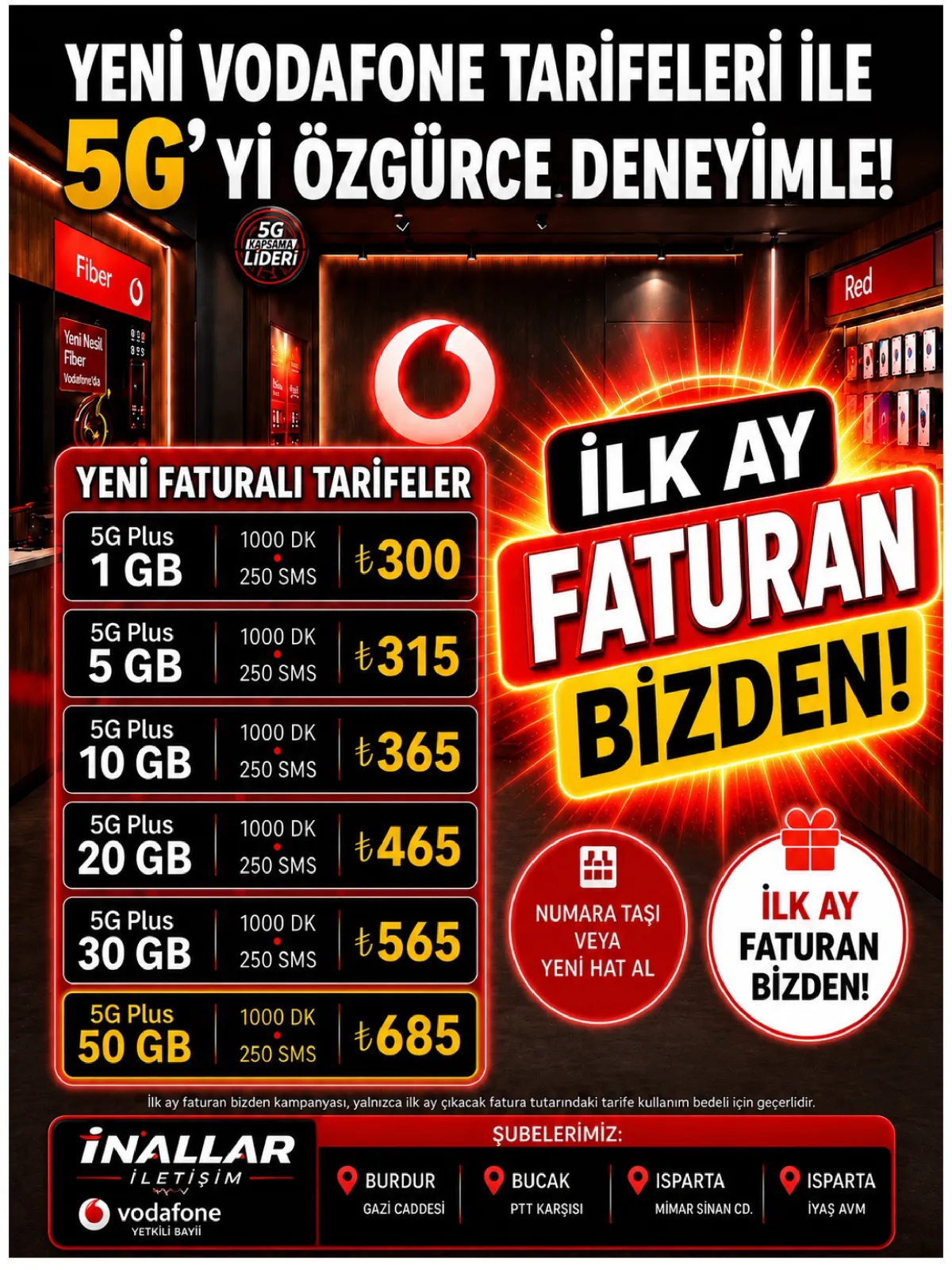 Bucak İnallar Vodafone’da İlk Ay Fatura Yok Kampanyası Başladı