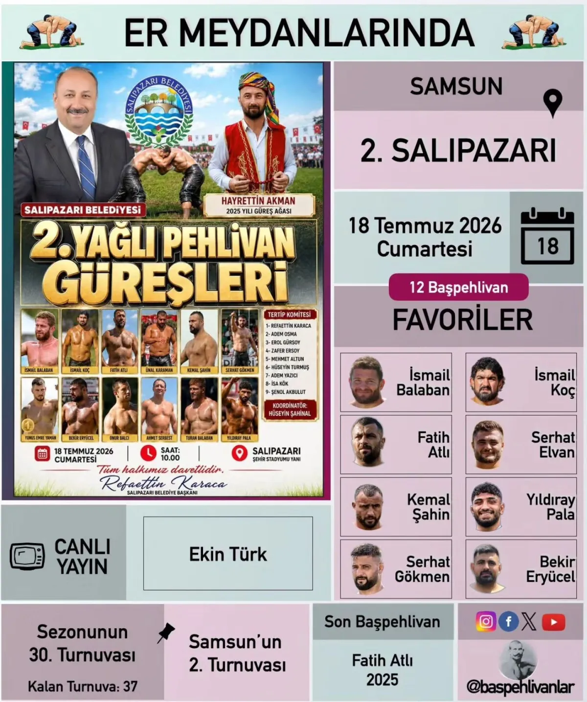 2026 Samsun 2. Salıpazarı Yağlı Güreşleri Saat Kaçta, Hangi Kanalda Canlı Yayınlanacak? Başpehlivan kim olur 