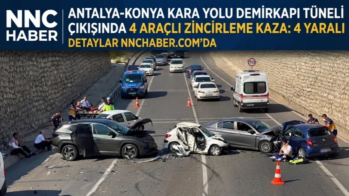 Antalya-Konya kara yolu Demirkapı Tünel çıkışında 4 araçlı zincirleme kaza 4 yaralı