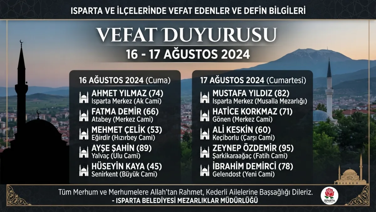 Isparta ve İlçelerinde 16 ve 17 Ağustos Vefatlar defin 