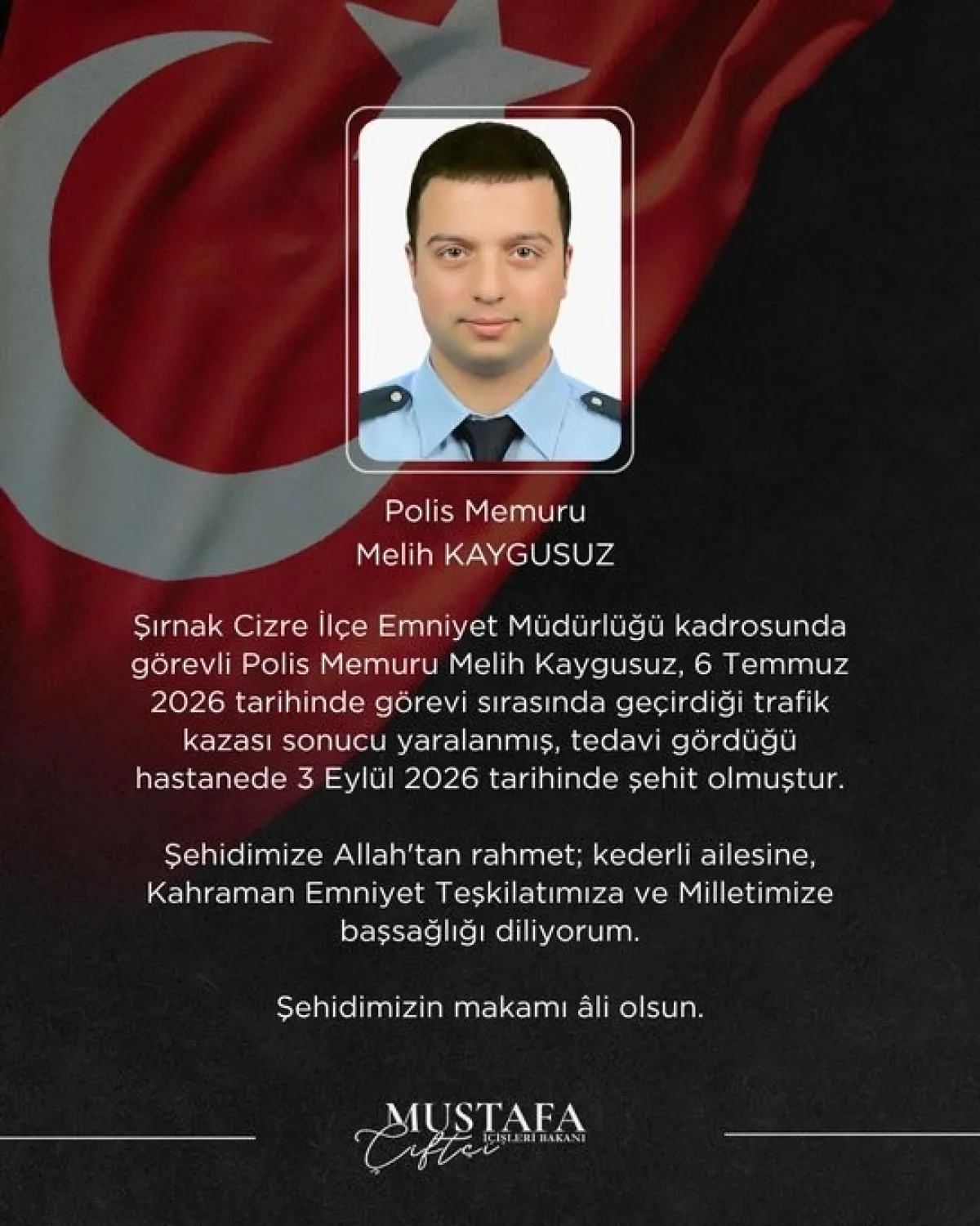Şırnak'taki trafik kazasında yaralanan polis memuru Kaygusuz şehit oldu